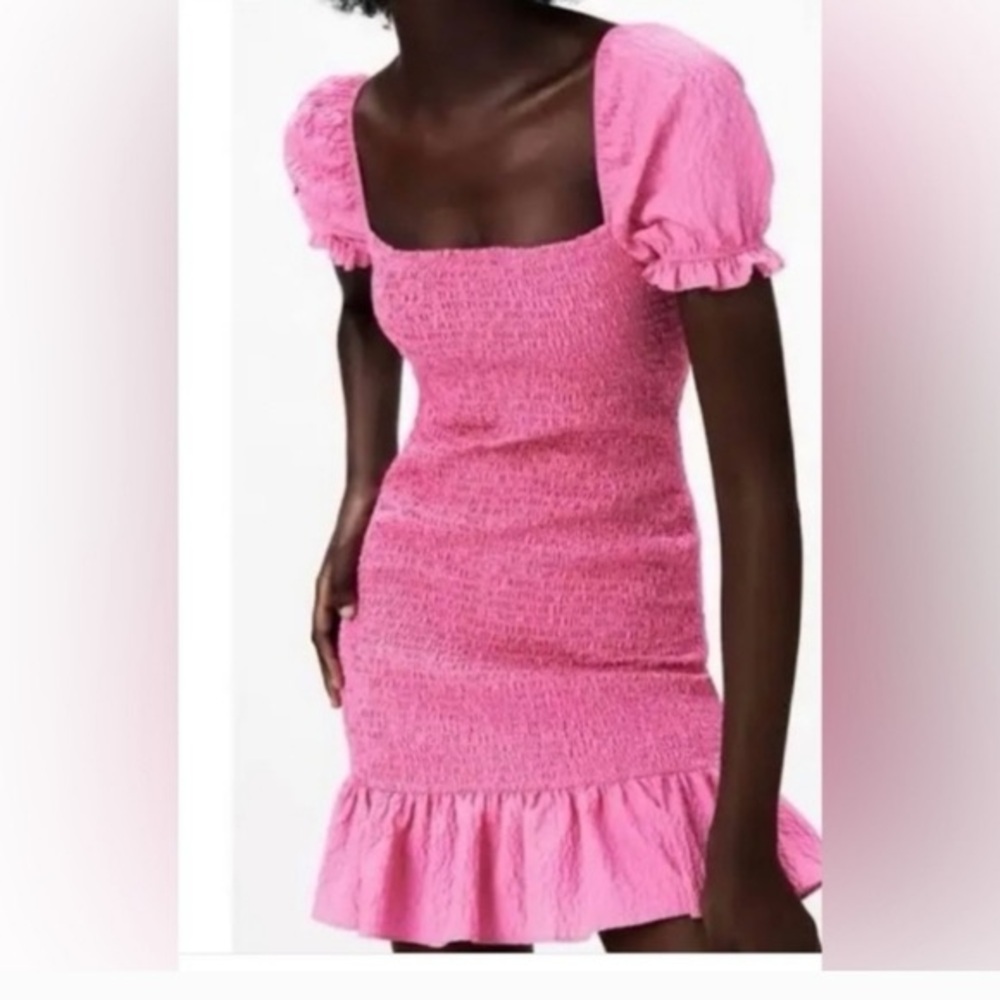 Zara Smocked Pink Ruffle Mini Dress Large​